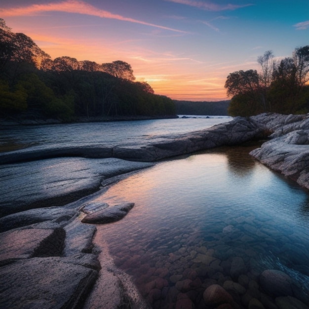 a river with rocks and trees in the background