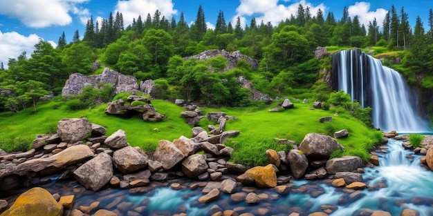 A river with rocks and trees in the background