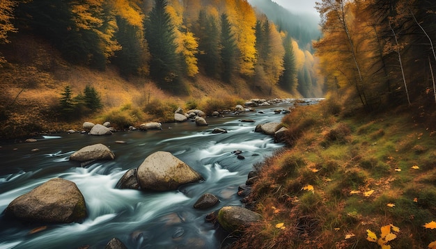 a river with rocks and trees in the background