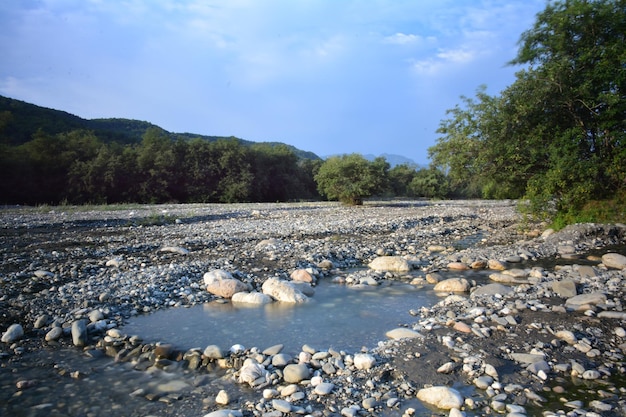 A river with rocks and trees in the foreground and a blue sky with clouds.