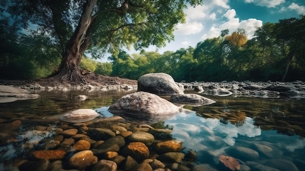 A river with rocks and trees in the foreground