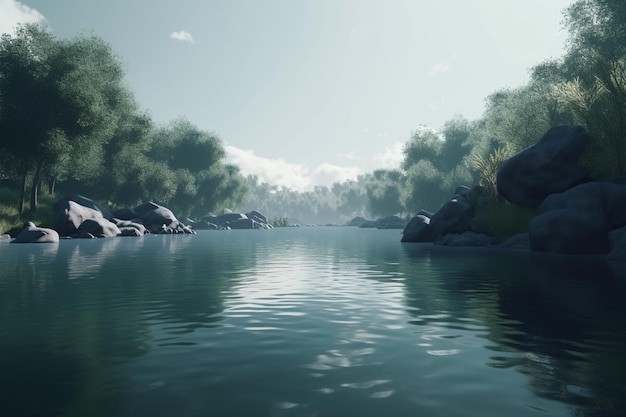 A river with rocks and trees on the left and a blue sky in the background.