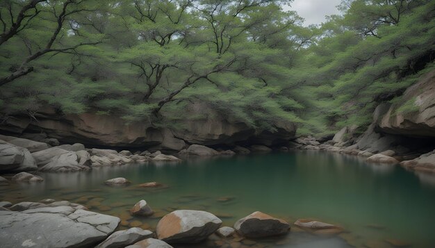 a river with rocks and trees on the side of it