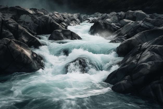 앞면에 바위와 물이 있는 강과 어두운 배경.