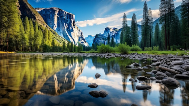 A river with rocks in the water and mountains in the background