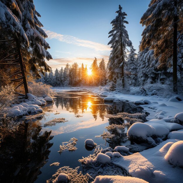 a river with snow covered trees and a sunset in the background