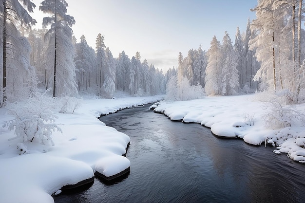 Фото Река со снегом в ней и лес, почти покрытый снегом зимой в швеции