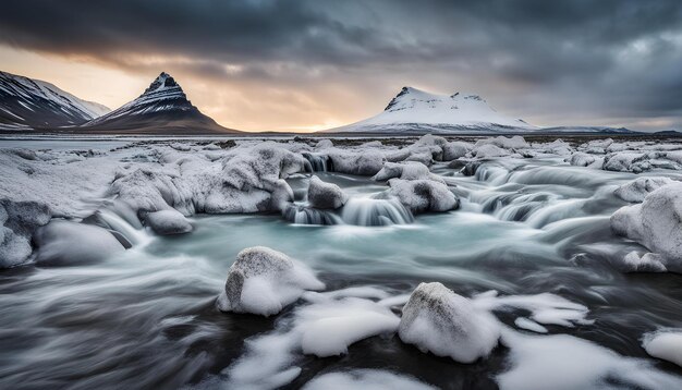 Photo a river with snow on the rocks and a mountain in the background