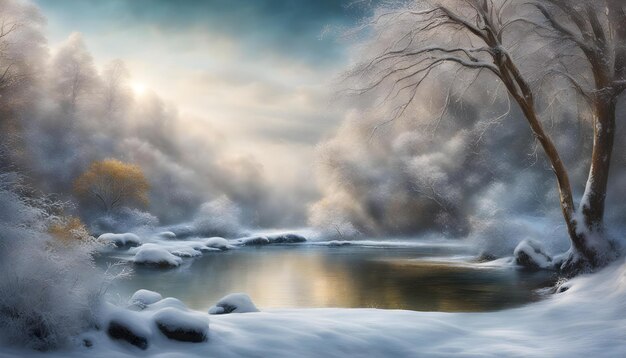 a river with snow and trees and a cloudy sky