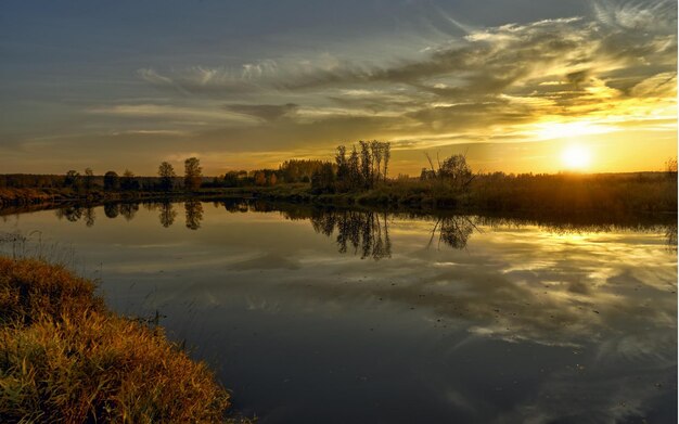 Photo a river with a sunset in the background and a tree in the foreground