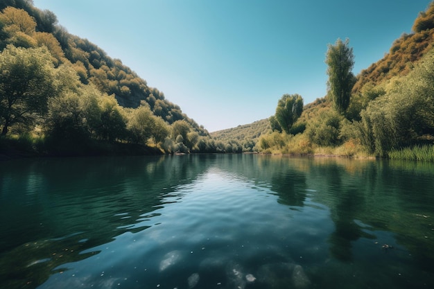 A river with trees and a blue sky