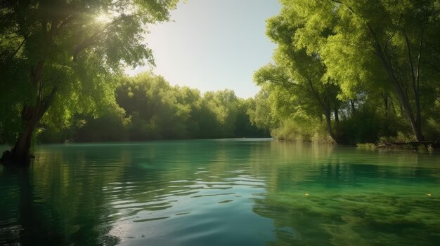 A river with trees and a blue sky