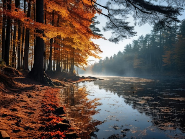 a river with trees and leaves on the side