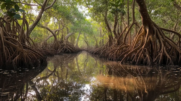 Река с деревьями и словом мангровые заросли