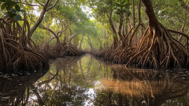 A river with trees and the word mangroves