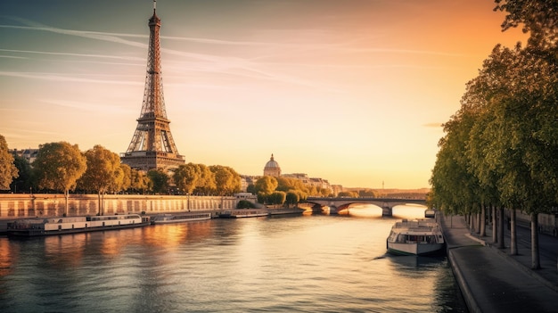 A river with a view of the eiffel tower in paris