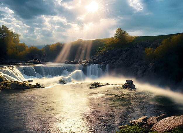 A river with a waterfall and the sun shining through the clouds