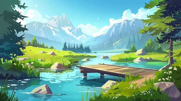 river with wooden bridge in mountain valley vector cartoon illustration of summer landscape with green grass firs lake or pond with old wood pier and rocks on horizon