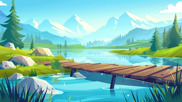 river with wooden bridge in mountain valley vector cartoon illustration of summer landscape with green grass firs lake or pond with old wood pier and rocks on horizon