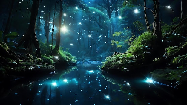 A river in the woods with stars and the words quot night quot