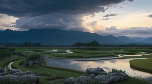 Rivers and Granite Tranquil Rice Fields Amidst Stormy Skies