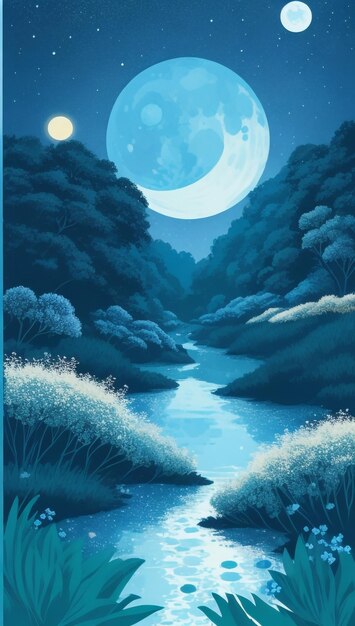 Riverside Enchantment Forest Landscape Illustratie met een Serene River Wallpaper Poster