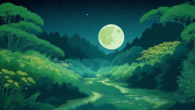 Riverside Enchantment Forest Landscape Illustration with a Serene River Wallpaper Poster