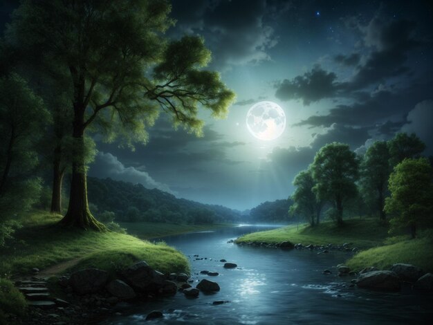 Photo a riverside forest in moonlight