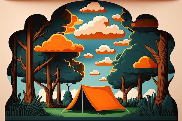 Riverside orange tent framed by verdant trees