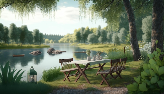 Riverside Retreat Een rustige picknickplaats bij een kalme rivier Generatieve AI