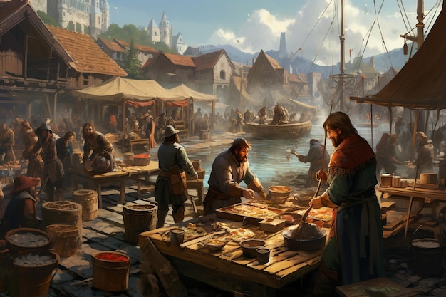 川辺の活気 ガリアの職人技と古代市場のにぎやかな取引