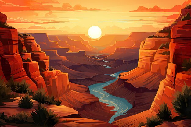 Rivier die door een canyon loopt bij zonsondergang Generative Ai