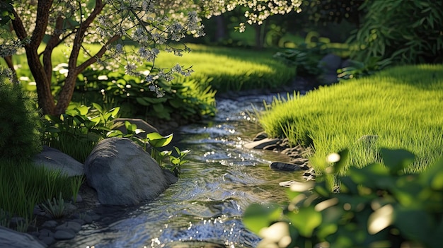 rivier door groene heuvels huidige boom natuur rots water zee vis kust bed meer stroom monding boot brug visserij bodem tijd golf waterval rust gegenereerd door AI