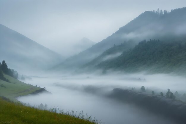 Rivier in mistig bergenlandschap