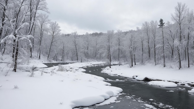 Rivier met sneeuw erin en een bos in de buurt bedekt met sneeuw in de winter in Zweden