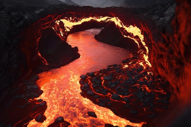 Rivier van magma in een grot vol lava