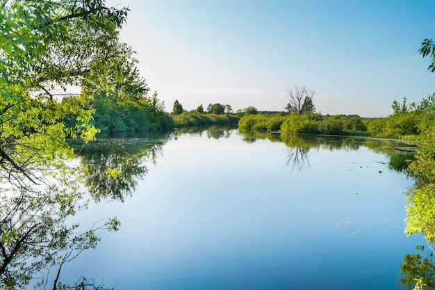 Rivierlandschap en groen bos met bomen blauwe waterwolken op sky