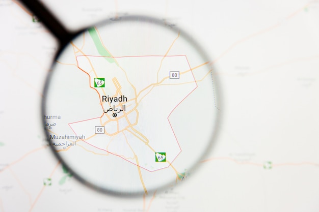 Riyadh, saudi arabia city visualization illustrative concept on\
display screen through magnifying glass