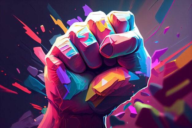 Rnbow clenched fist on a black background Pride concept