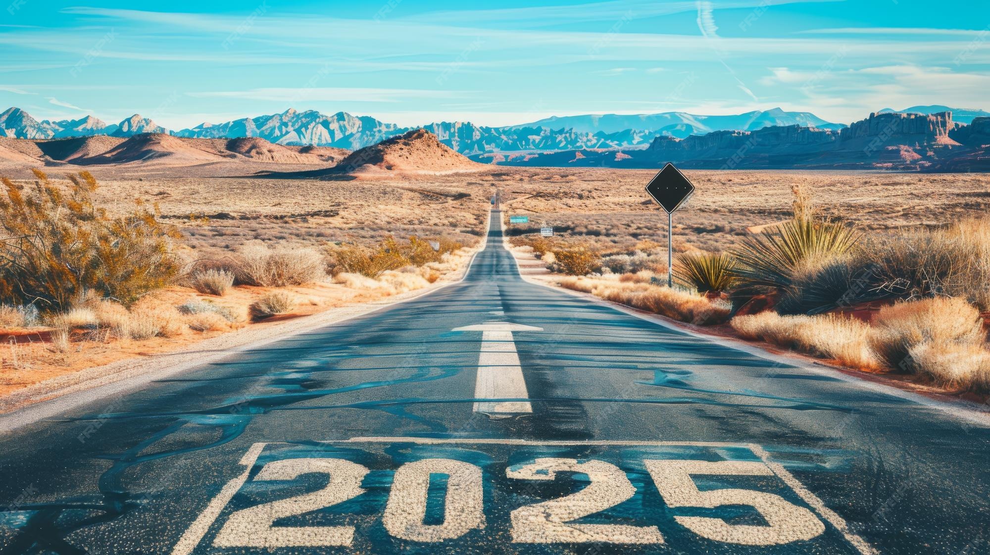 Road to 2025 with an empty road with written 2025 and arrow pointing towards the horizon