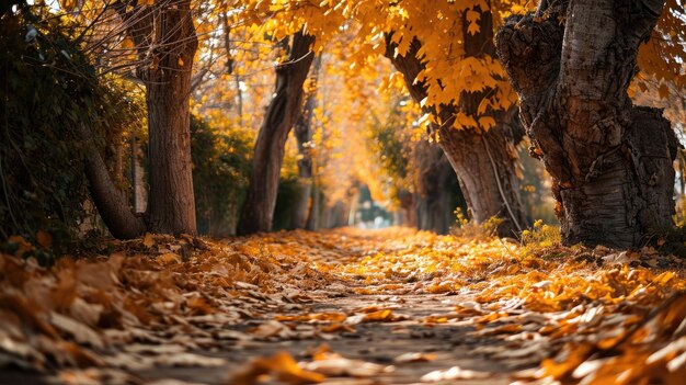 дорога, украшенная бесчисленными желтыми листьями, простирается под величественным навесом деревьев