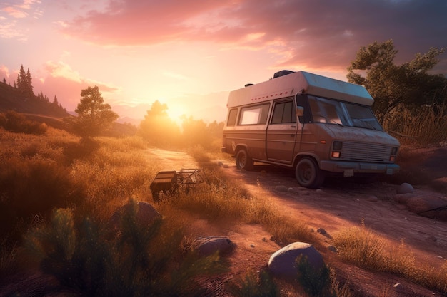 Road adventures in a camper at sunset Created with generative AI technology