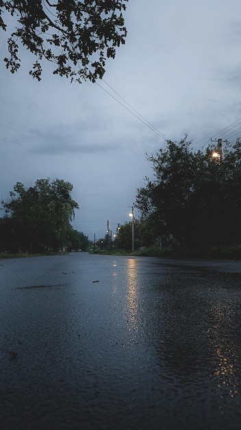 사진 저녁에 여름 비가 내린 후 도로