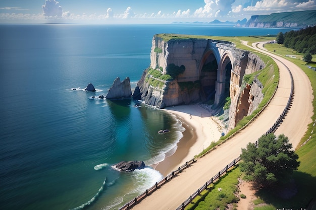 A road along the coast with a road leading to the sea