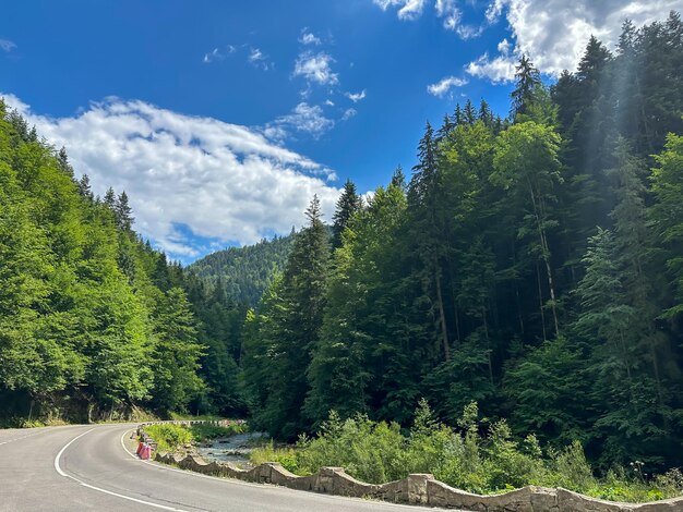 Photo the road along the river between the coniferous hills