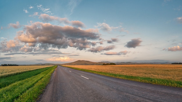 Road to Altai Mountains  and along rural fields and big cloud at sunset