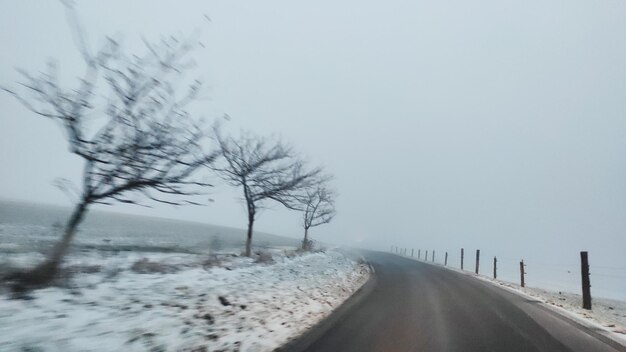 Road amidst bare trees against sky during winter