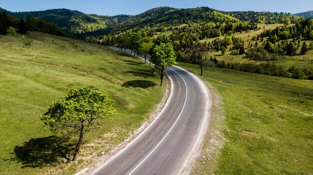 Road amidst field and trees against mountains