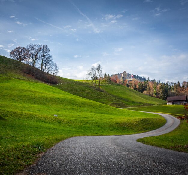 Foto strada in mezzo a un campo erboso contro il cielo