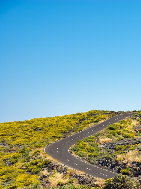 Foto strada in mezzo al paesaggio contro un cielo blu limpido